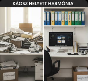 Káosz és rend ellentéte: Iroda előtte-utána ábrázolása rendszerezett irattartókkal, mappákkal és digitális munkaállomással. Ez a kép vizuálisan szemlélteti a rendezetlen és a rendszerezett irodai környezet közötti különbséget, kiemelve az iratrendezés és a digitális dokumentumkezelés fontosságát a hatékonyság növelése érdekében, a blogcikk céljainak megfelelően.