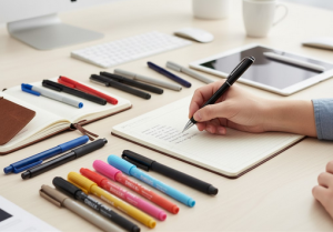 Különböző típusú irodai tollak (golyóstoll, zselés toll) közelről, egy íróasztalon elhelyezve, kiemelve az írás minőségét és a kényelmes fogást. Ez a kép a golyóstollak és zselés tollak vizuális különbségeit és minőségét illusztrálja, hangsúlyozva a megfelelő íróeszköz kiválasztásának fontosságát a hatékony jegyzetelés és irodai munka érdekében.