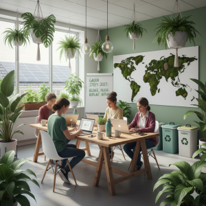 Környezetbarát irodában dolgozó kollégák